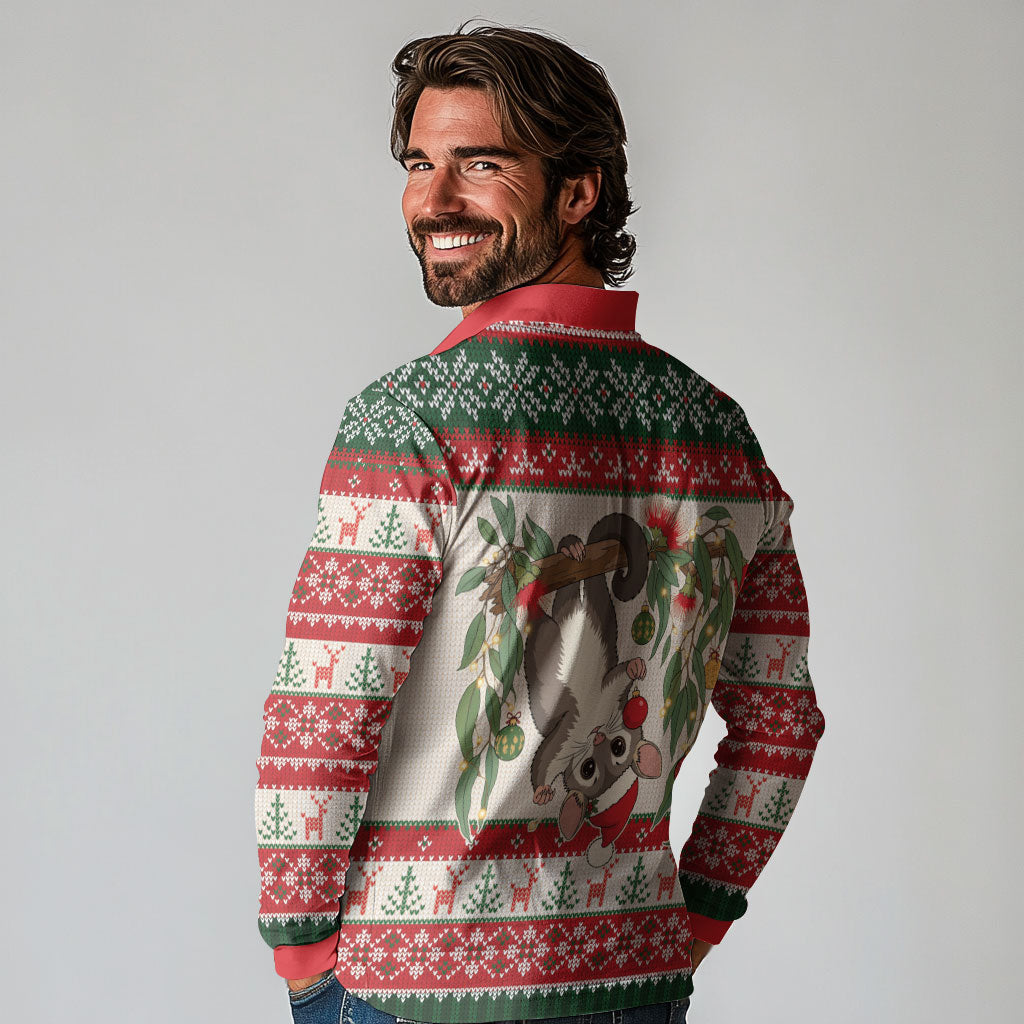 Aussie Sugar Glider Christmas Long Sleeve Polo Shirt Festive Knitted Pattern Inspired