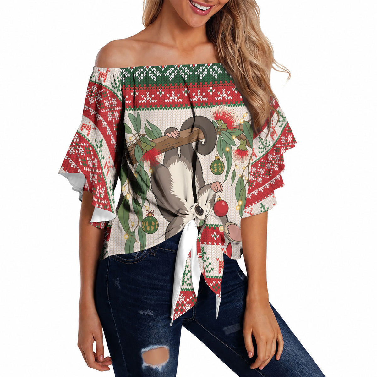 Aussie Sugar Glider Christmas Off Shoulder Wrap Waist Top Festive Knitted Pattern Inspired