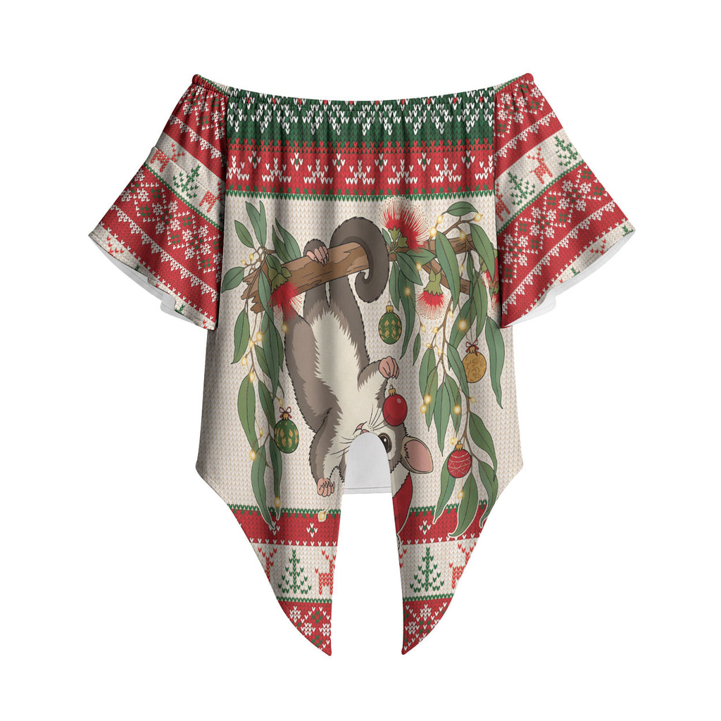 Aussie Sugar Glider Christmas Off Shoulder Wrap Waist Top Festive Knitted Pattern Inspired