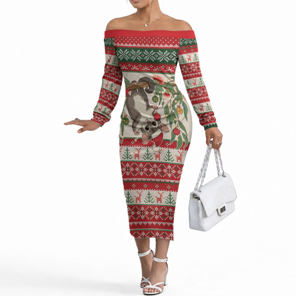 Aussie Sugar Glider Christmas Off The Shoulder Long Sleeve Dress Festive Knitted Pattern Inspired