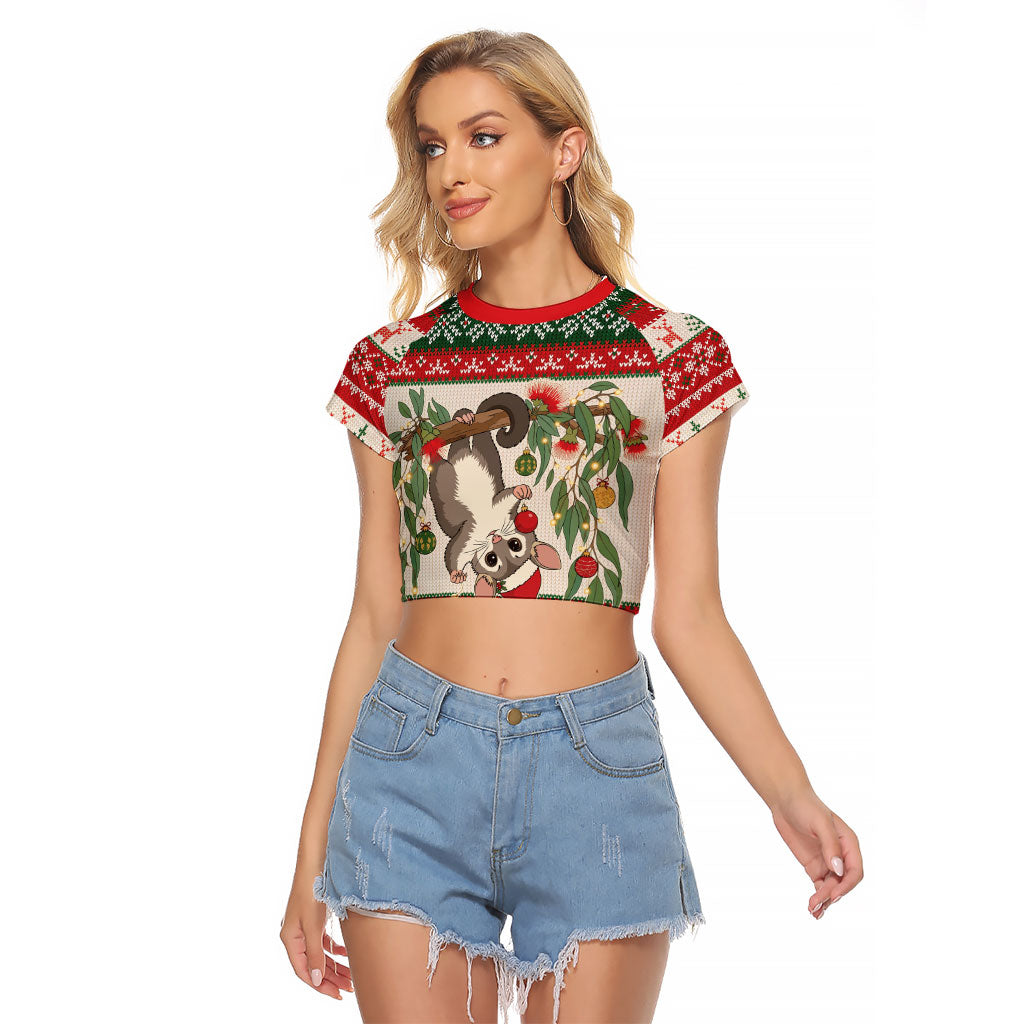 Aussie Sugar Glider Christmas Raglan Cropped T Shirt Festive Knitted Pattern Inspired