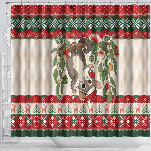 Aussie Sugar Glider Christmas Shower Curtain Festive Knitted Pattern Inspired