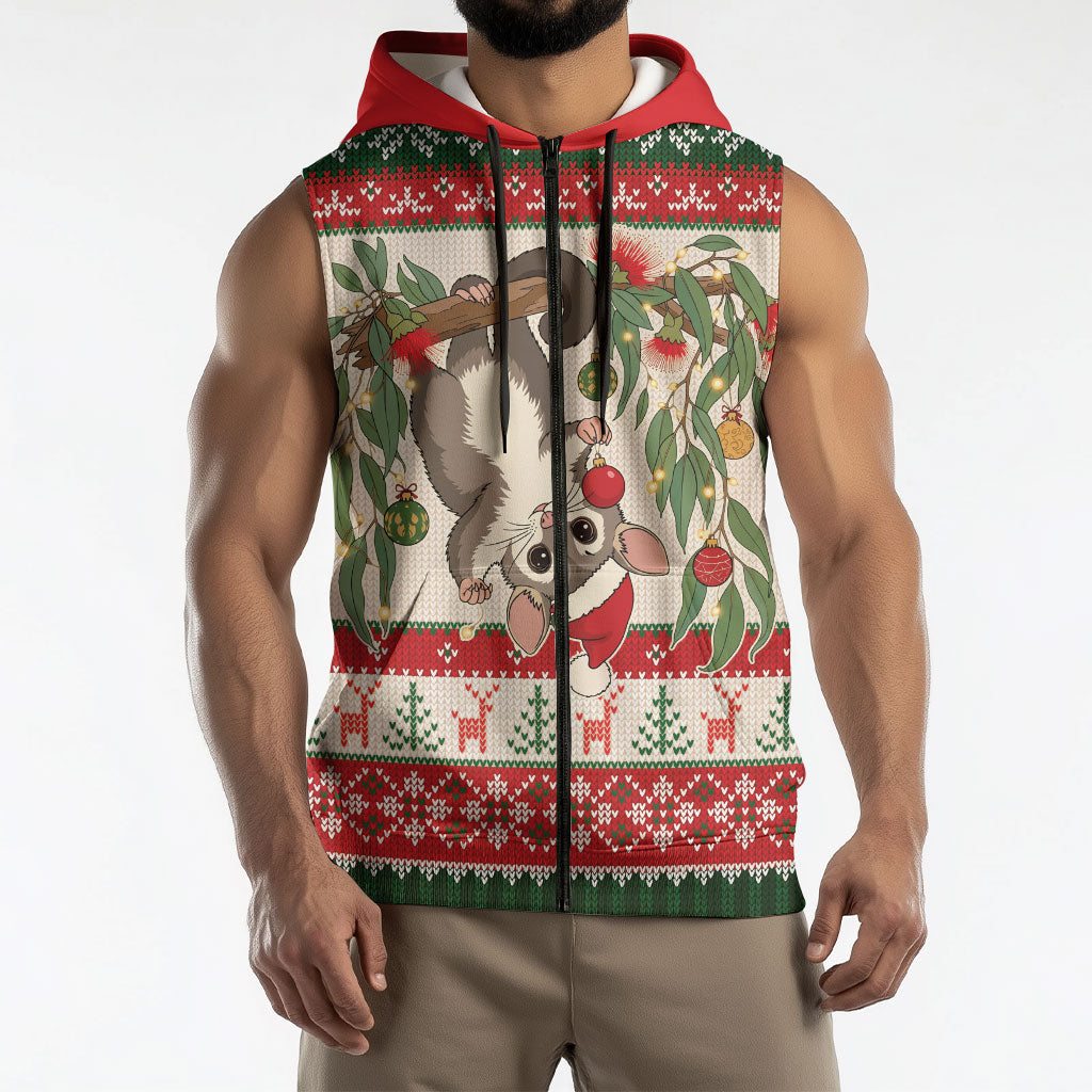 Aussie Sugar Glider Christmas Sleeveless Zip Hoodie Festive Knitted Pattern Inspired