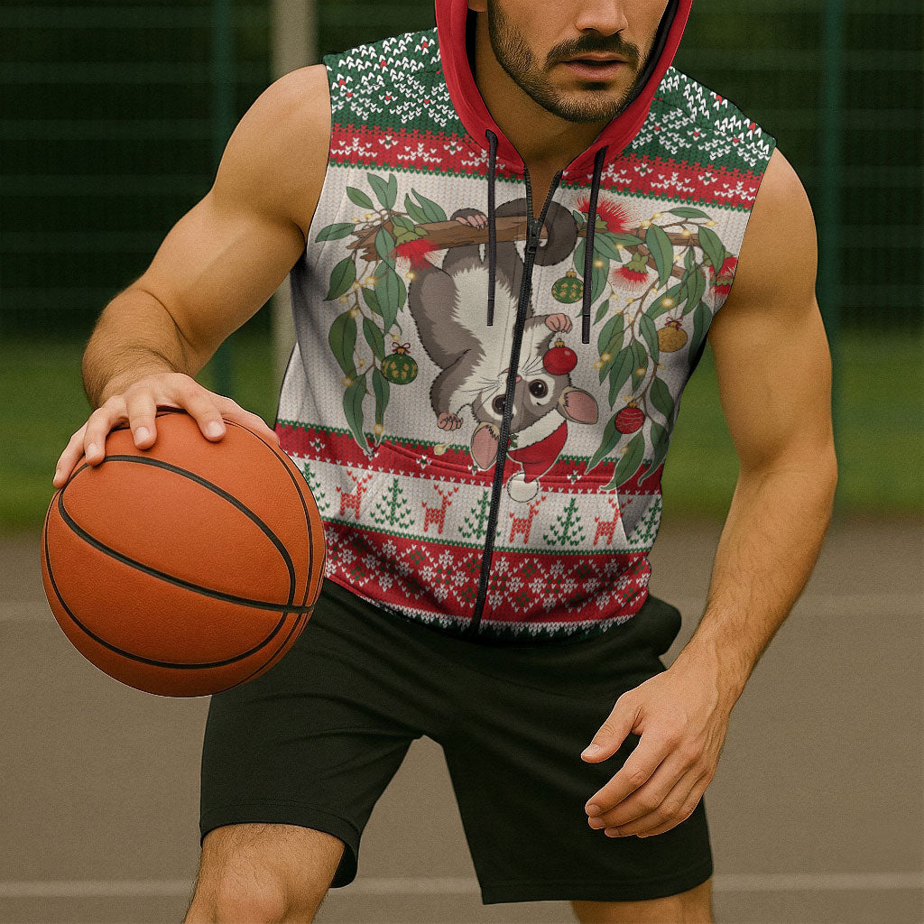 Aussie Sugar Glider Christmas Sleeveless Zip Hoodie Festive Knitted Pattern Inspired