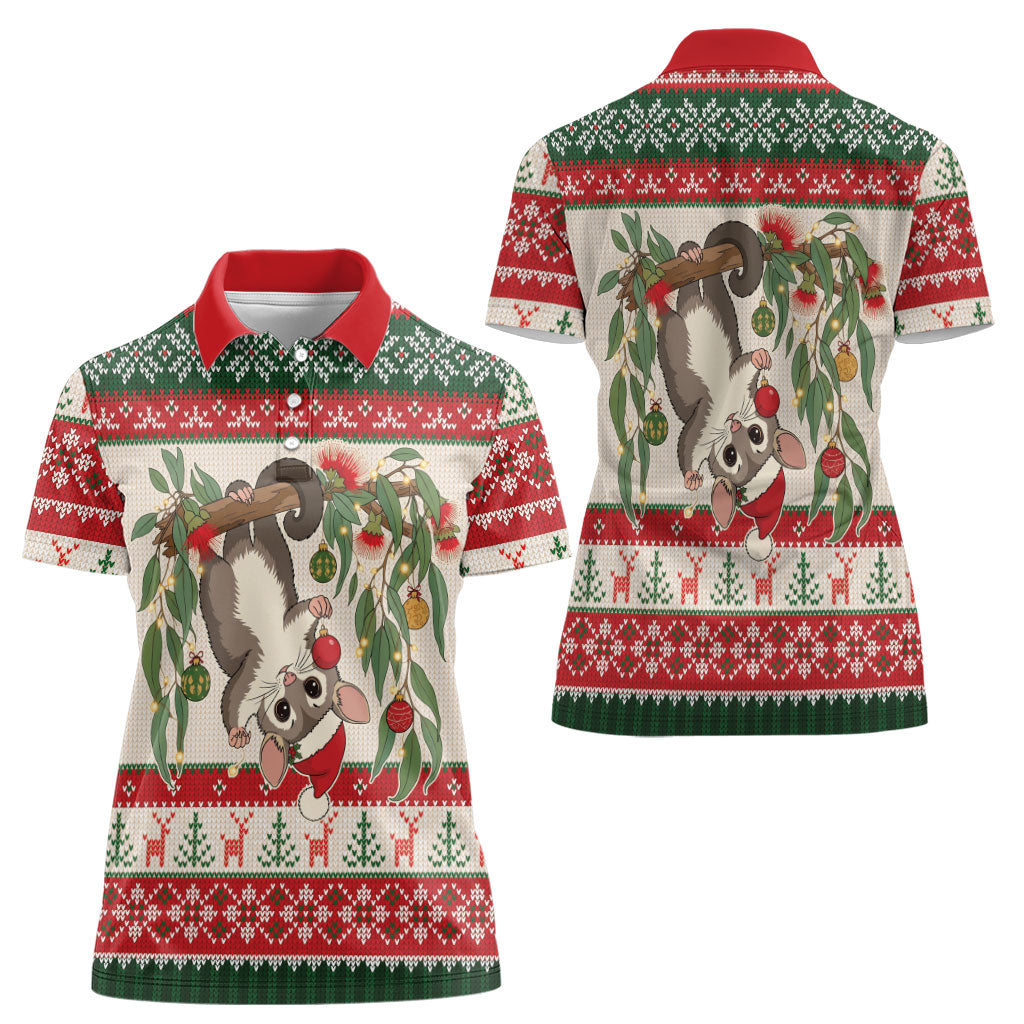 Aussie Sugar Glider Christmas Women Polo Shirt Festive Knitted Pattern Inspired