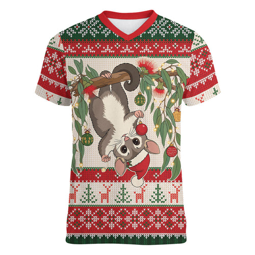 Aussie Sugar Glider Christmas Women V-Neck T-Shirt Festive Knitted Pattern Inspired