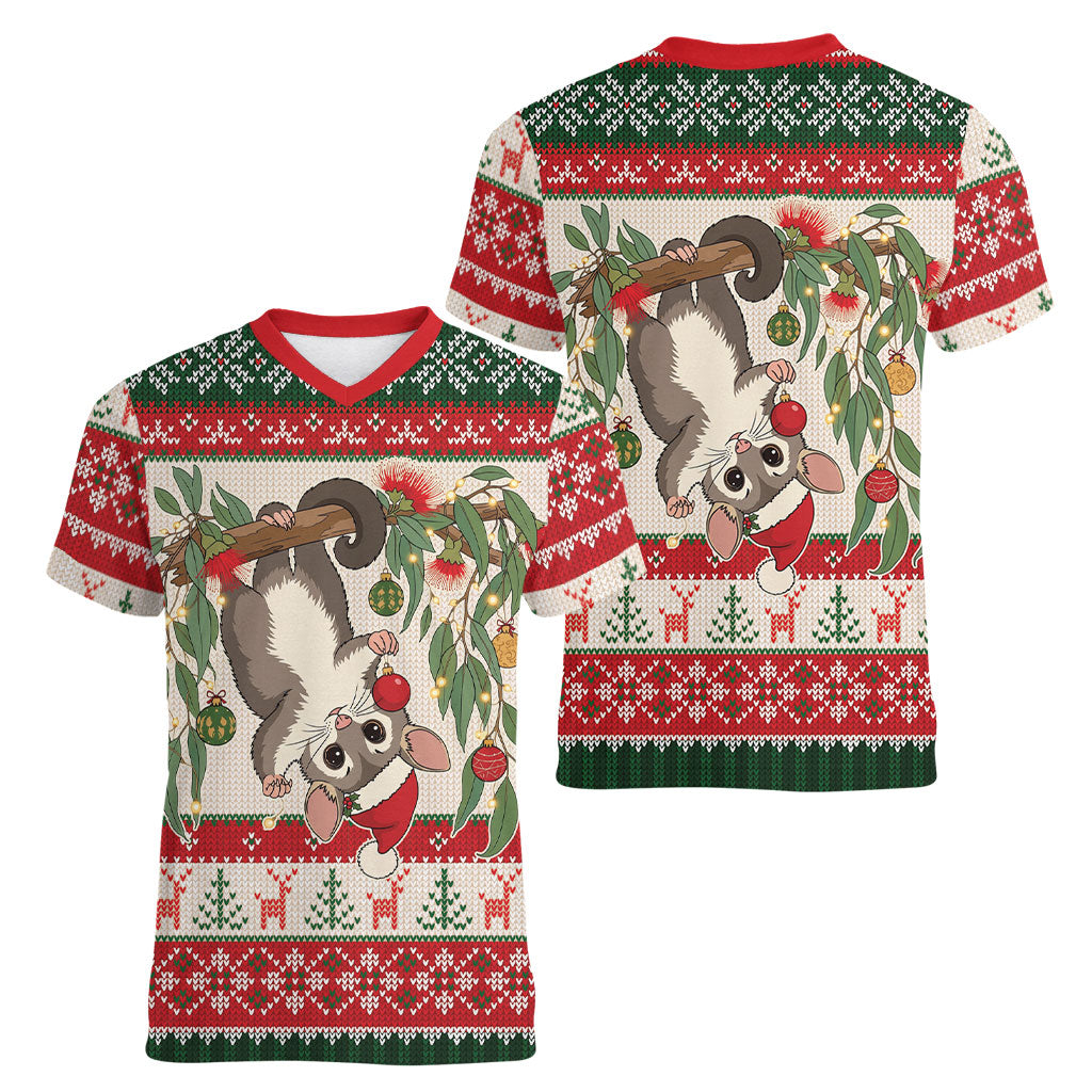 Aussie Sugar Glider Christmas Women V-Neck T-Shirt Festive Knitted Pattern Inspired