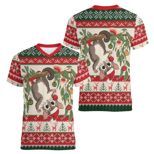 Aussie Sugar Glider Christmas Women V-Neck T-Shirt Festive Knitted Pattern Inspired