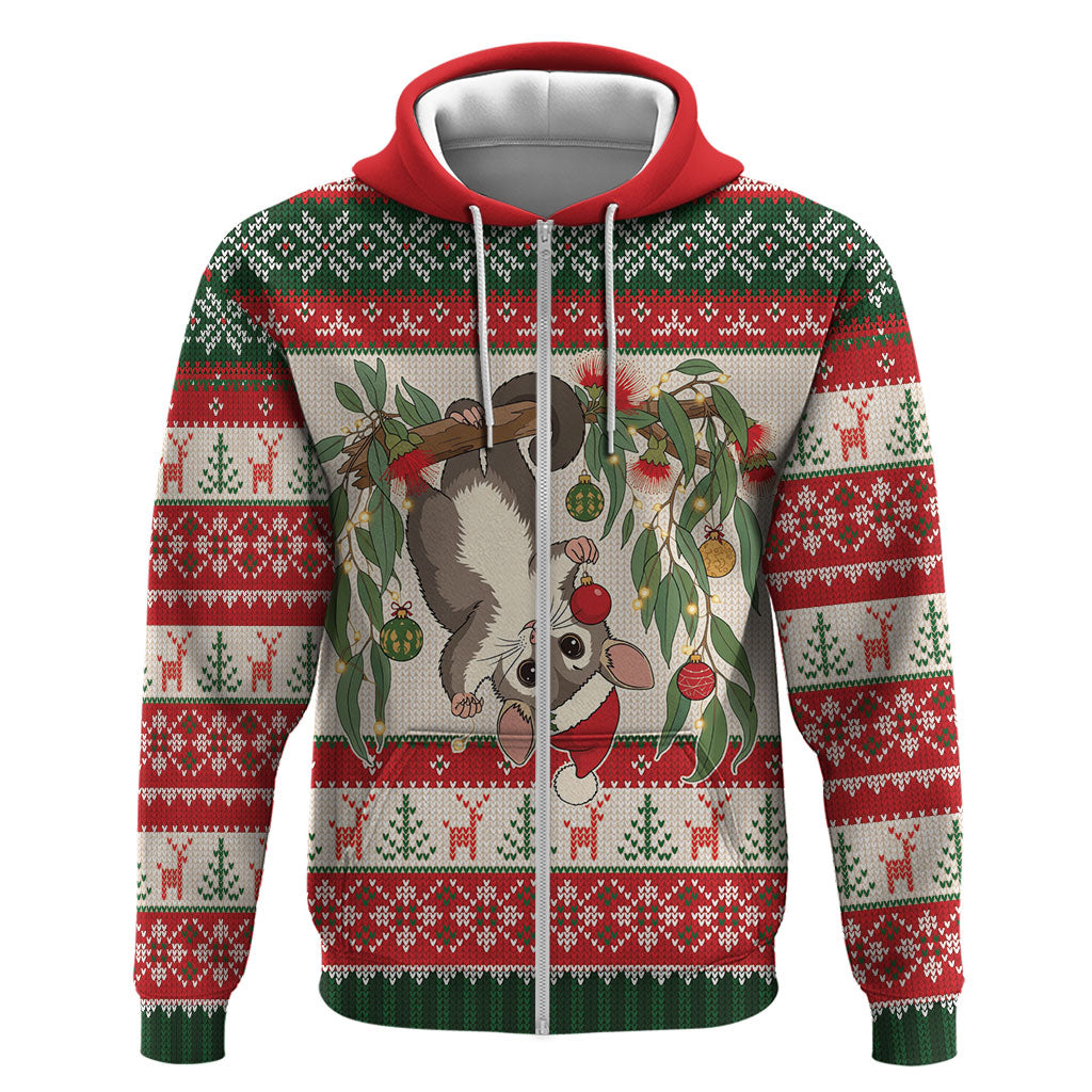 Aussie Sugar Glider Christmas Zip Hoodie Festive Knitted Pattern Inspired