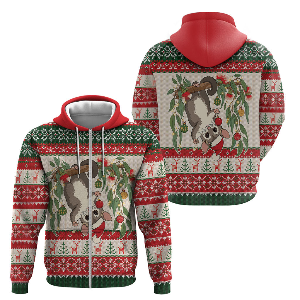 Aussie Sugar Glider Christmas Zip Hoodie Festive Knitted Pattern Inspired