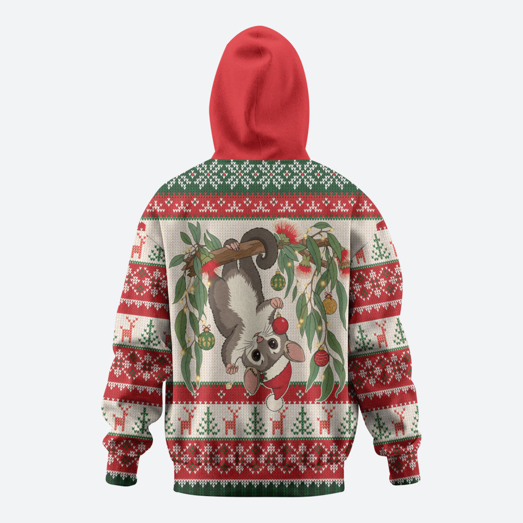 Aussie Sugar Glider Christmas Zip Hoodie Festive Knitted Pattern Inspired