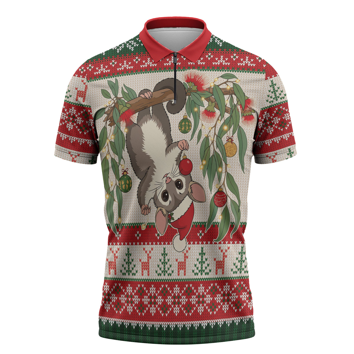 Aussie Sugar Glider Christmas Zipper Polo Shirt Festive Knitted Pattern Inspired