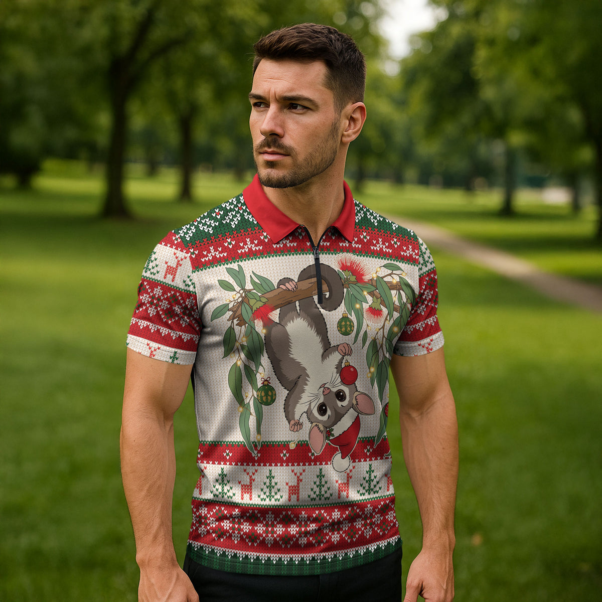 Aussie Sugar Glider Christmas Zipper Polo Shirt Festive Knitted Pattern Inspired