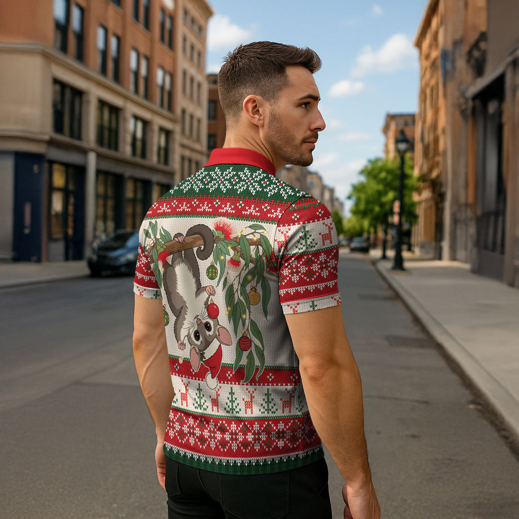 Aussie Sugar Glider Christmas Zipper Polo Shirt Festive Knitted Pattern Inspired