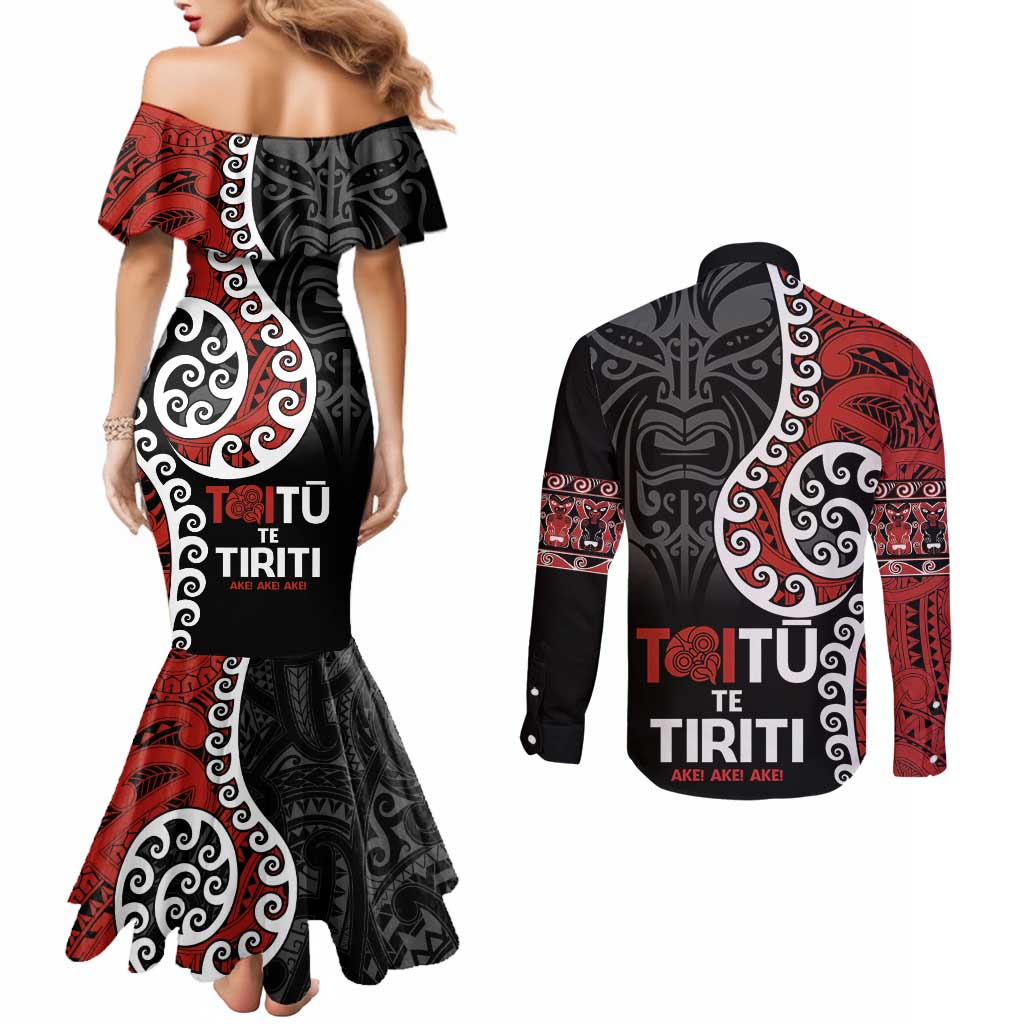 Honour The Treaty New Zealand Couples Matching Mermaid Dress and Long Sleeve Button Shirt Toitu Te Tiriti Ake!Ake!Ake!