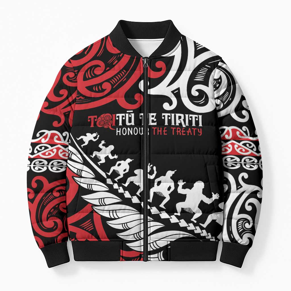 Honour The Treaty New Zealand Personalised Bomber Puffer Jacket Toitu Te Tiriti Half Fern Haka Dance - Aussie Hoodie