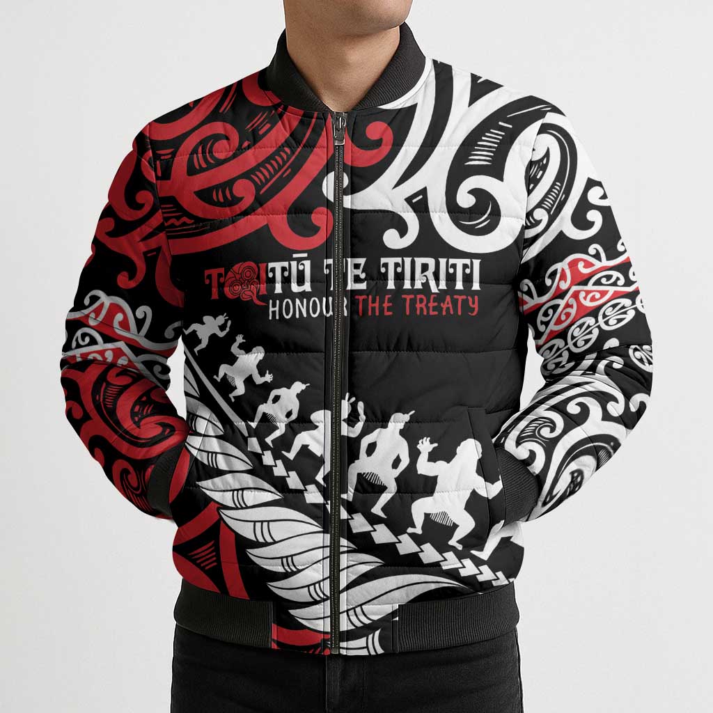 Honour The Treaty New Zealand Personalised Bomber Puffer Jacket Toitu Te Tiriti Half Fern Haka Dance - Aussie Hoodie