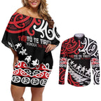 Honour The Treaty New Zealand Personalised Couples Matching Off Shoulder Short Dress and Long Sleeve Button Shirt Toitu Te Tiriti Half Fern with Haka dance