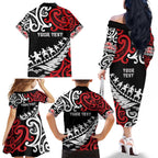 Honour The Treaty New Zealand Personalised Family Matching Off The Shoulder Long Sleeve Dress and Hawaiian Shirt Toitu Te Tiriti Half Fern with Haka dance