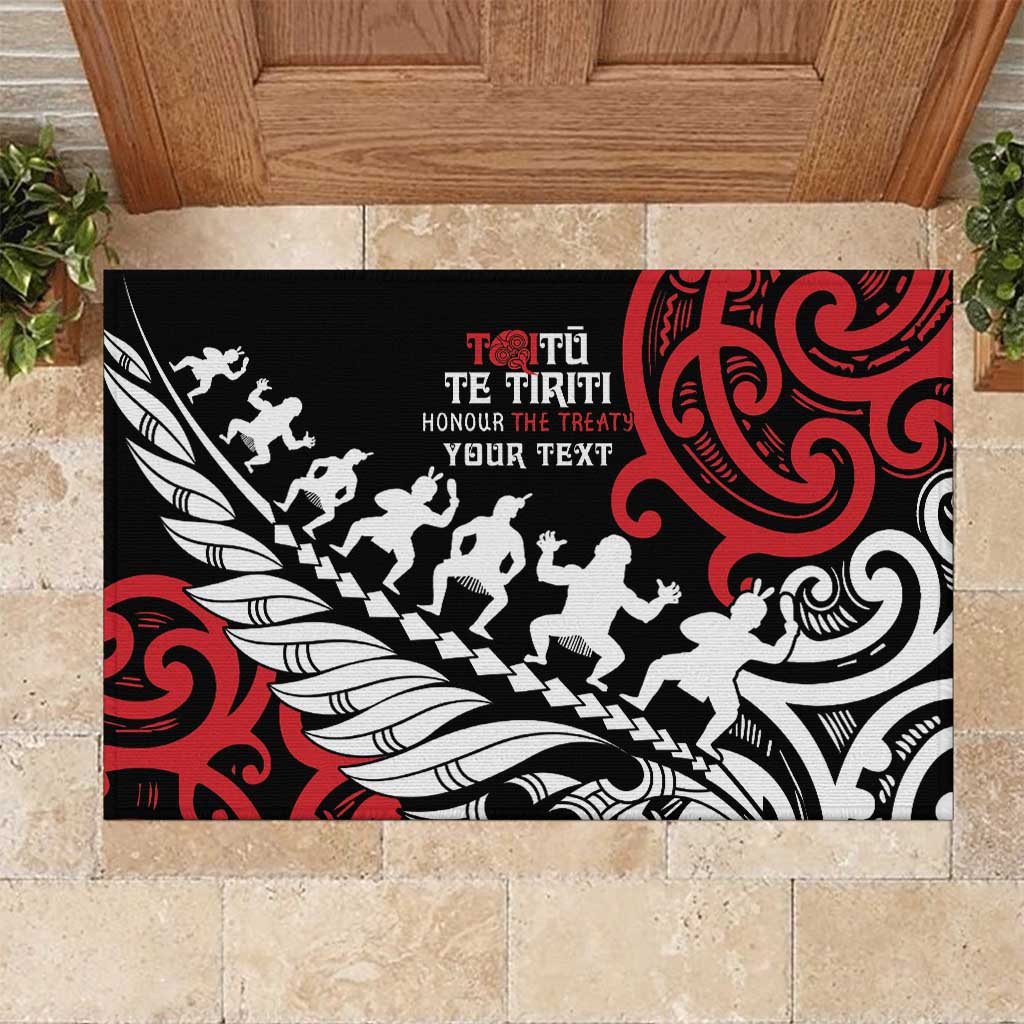 Honour The Treaty New Zealand Personalised Rubber Doormat Toitu Te Tiriti Half Fern with Haka dance