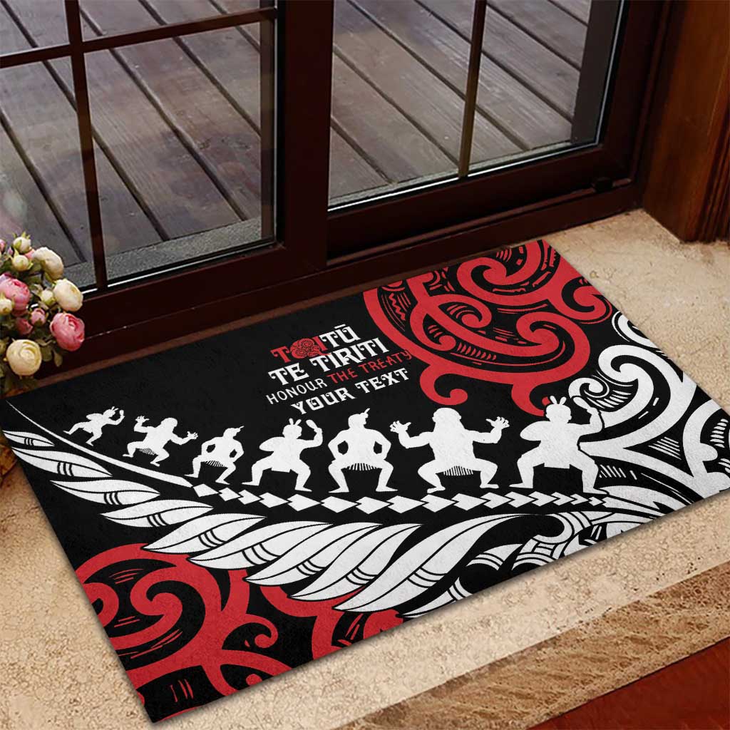 Honour The Treaty New Zealand Personalised Rubber Doormat Toitu Te Tiriti Half Fern with Haka dance