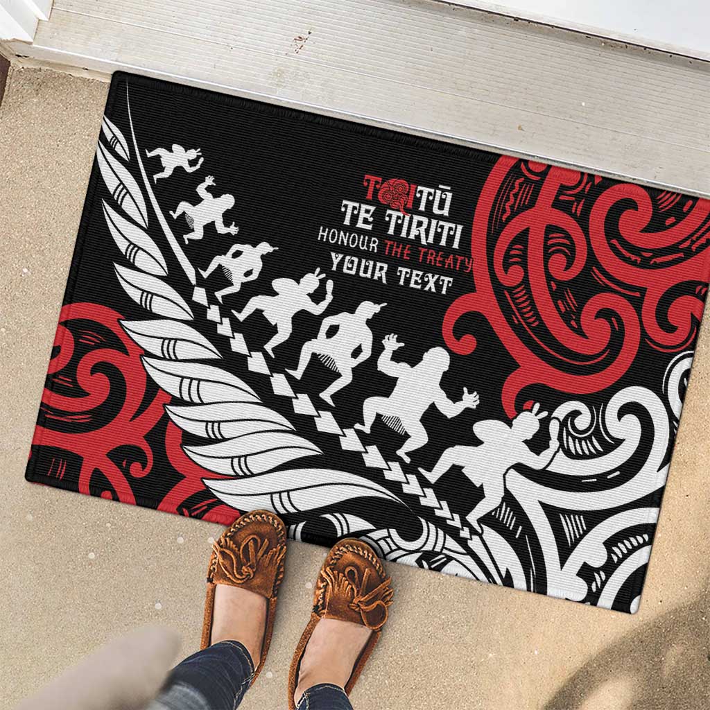 Honour The Treaty New Zealand Personalised Rubber Doormat Toitu Te Tiriti Half Fern with Haka dance