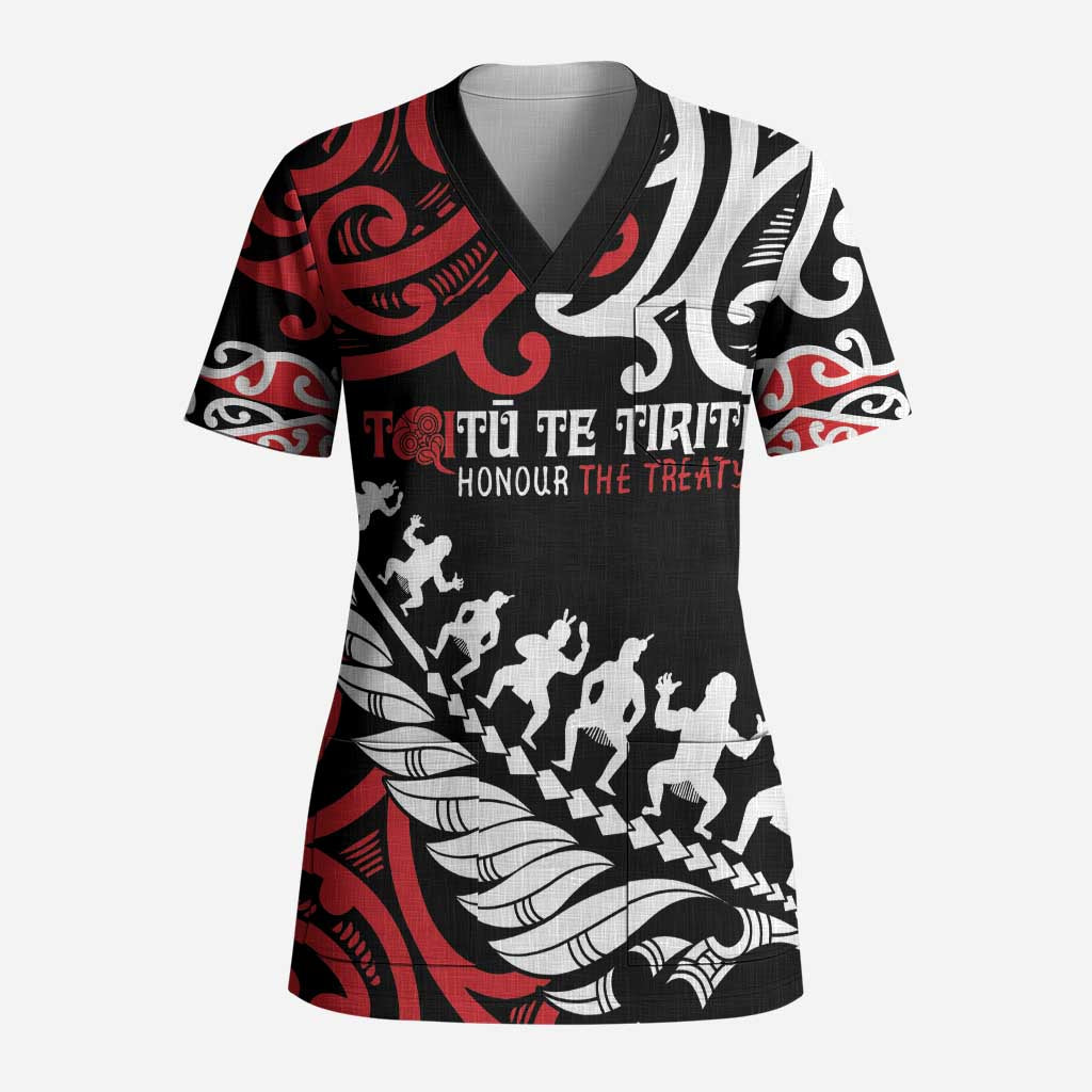 Honour The Treaty New Zealand Personalised Scrub Top Toitu Te Tiriti Half Fern Haka Dance - Aussie Hoodie