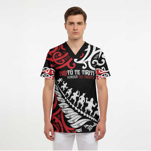Honour The Treaty New Zealand Personalised Scrub Top Toitu Te Tiriti Half Fern Haka Dance - Aussie Hoodie