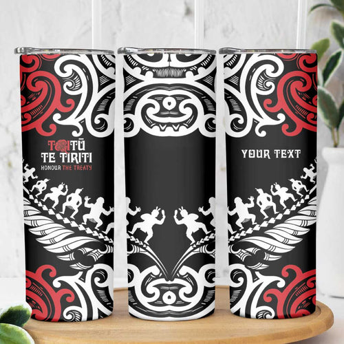Honour The Treaty New Zealand Personalised Skinny Tumbler Toitu Te Tiriti Half Fern with Haka dance