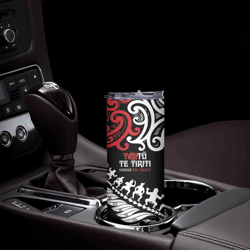 Honour The Treaty New Zealand Personalised Skinny Tumbler Toitu Te Tiriti Half Fern with Haka dance