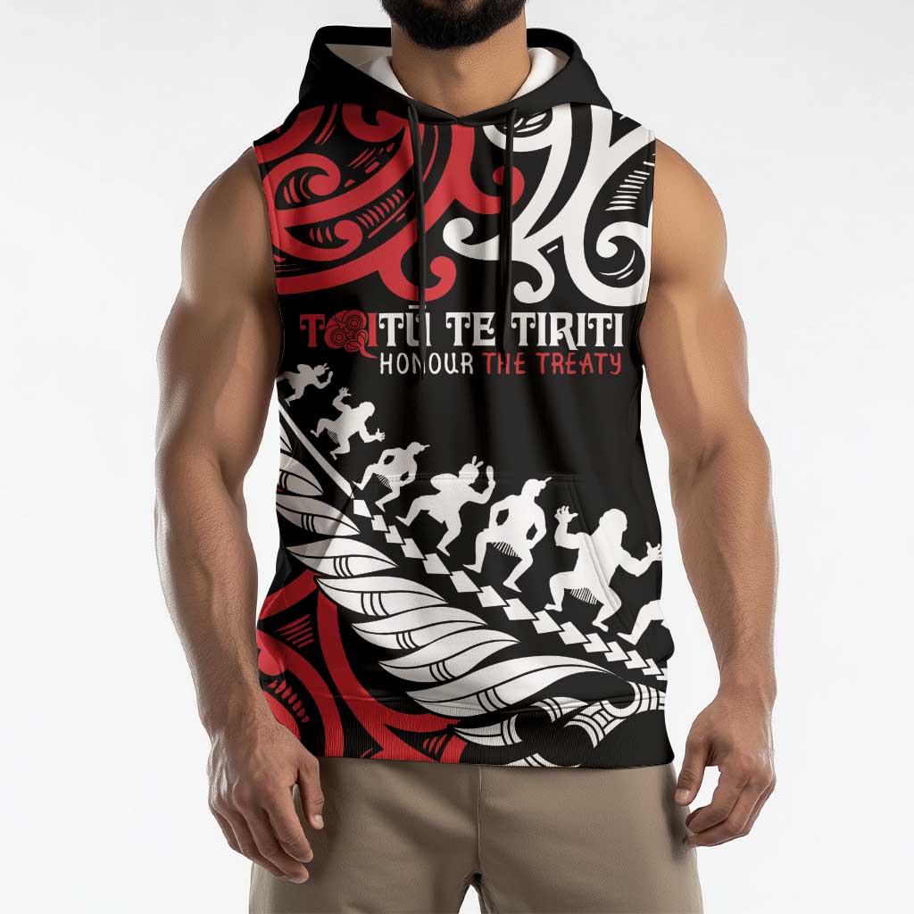 Honour The Treaty New Zealand Personalised Sleeveless Hoodie Toitu Te Tiriti Half Fern Haka Dance - Aussie Hoodie