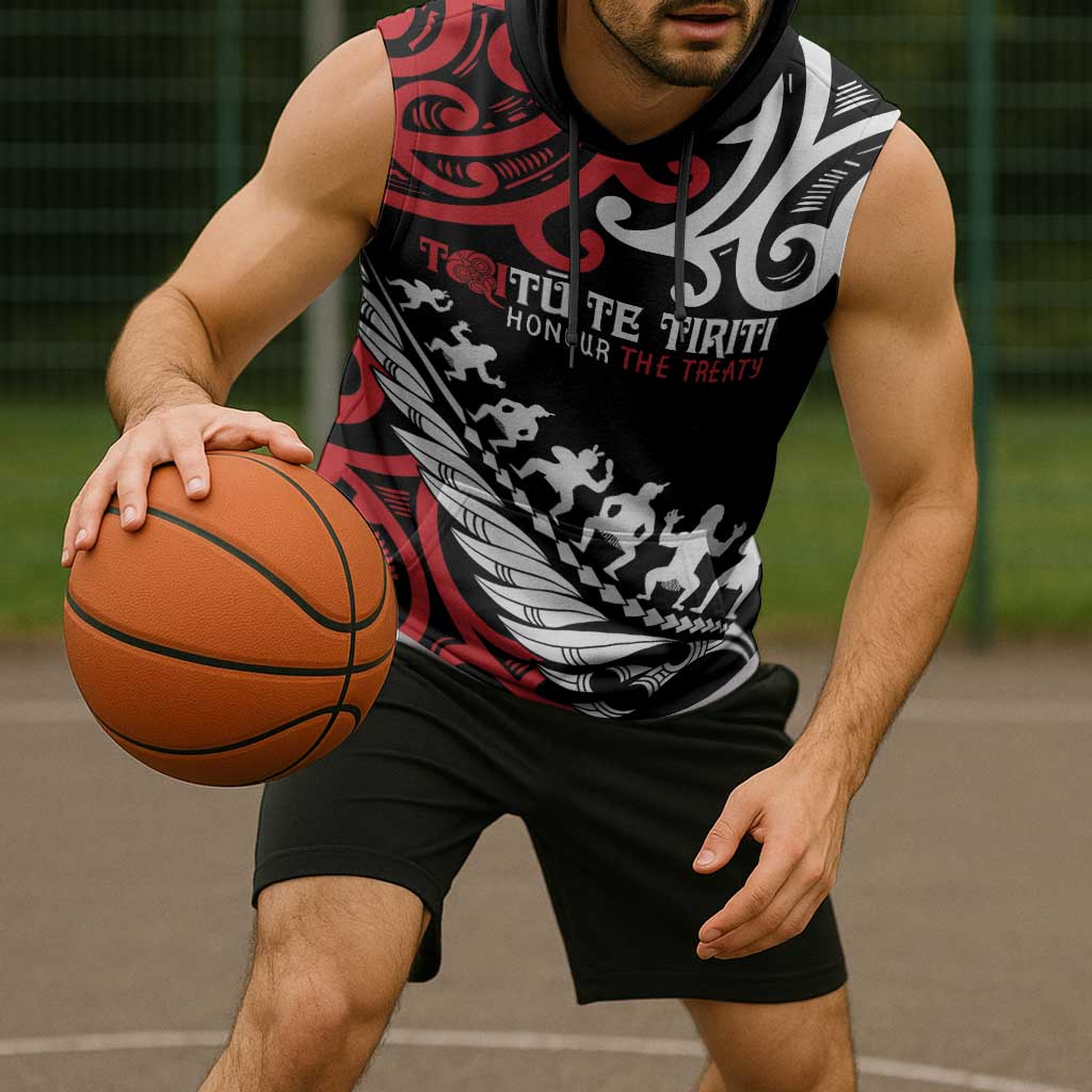 Honour The Treaty New Zealand Personalised Sleeveless Hoodie Toitu Te Tiriti Half Fern Haka Dance - Aussie Hoodie