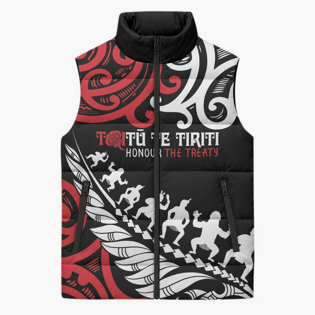 Honour The Treaty New Zealand Personalised Sleeveless Puffer Jacket Toitu Te Tiriti Half Fern Haka Dance - Aussie Hoodie