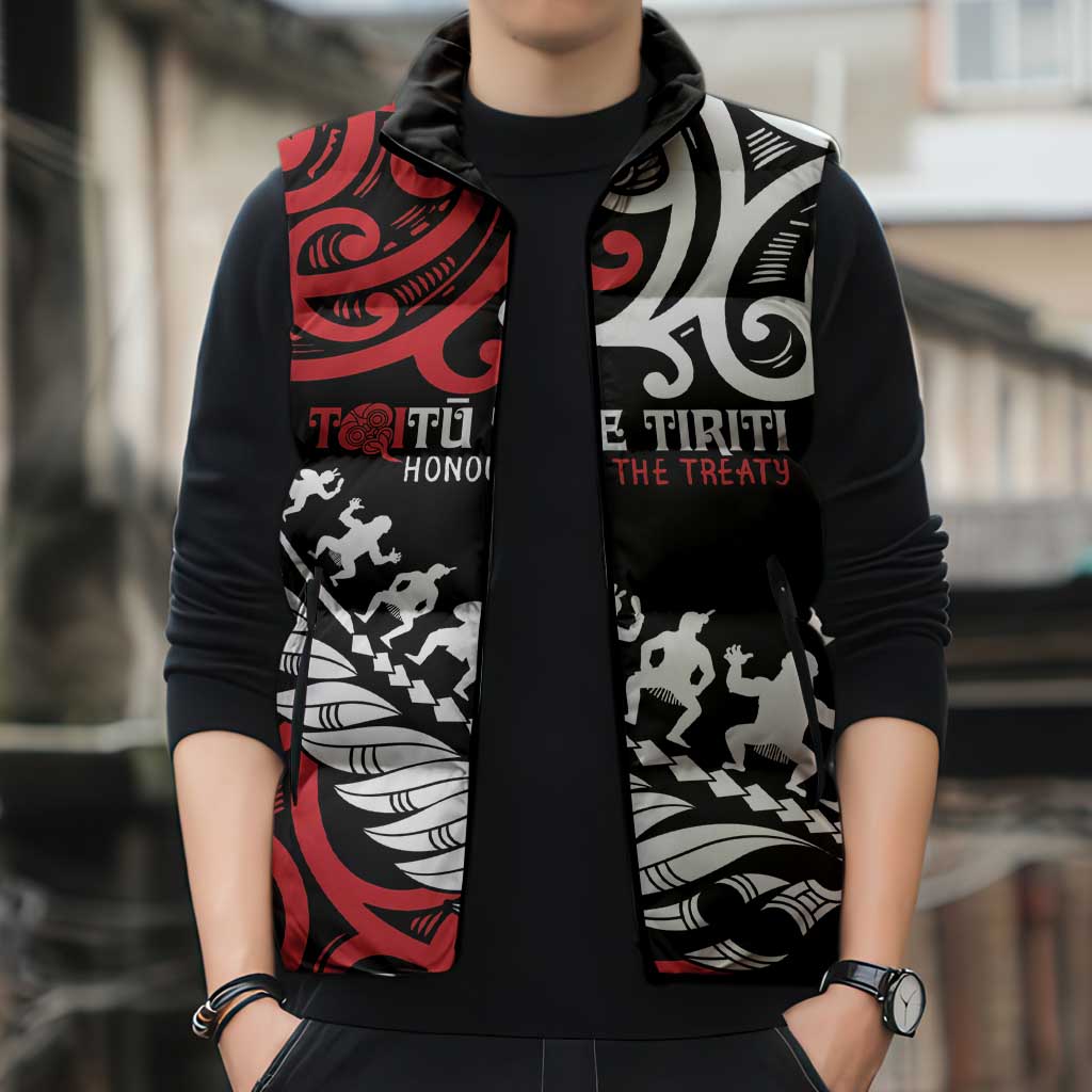 Honour The Treaty New Zealand Personalised Sleeveless Puffer Jacket Toitu Te Tiriti Half Fern Haka Dance - Aussie Hoodie