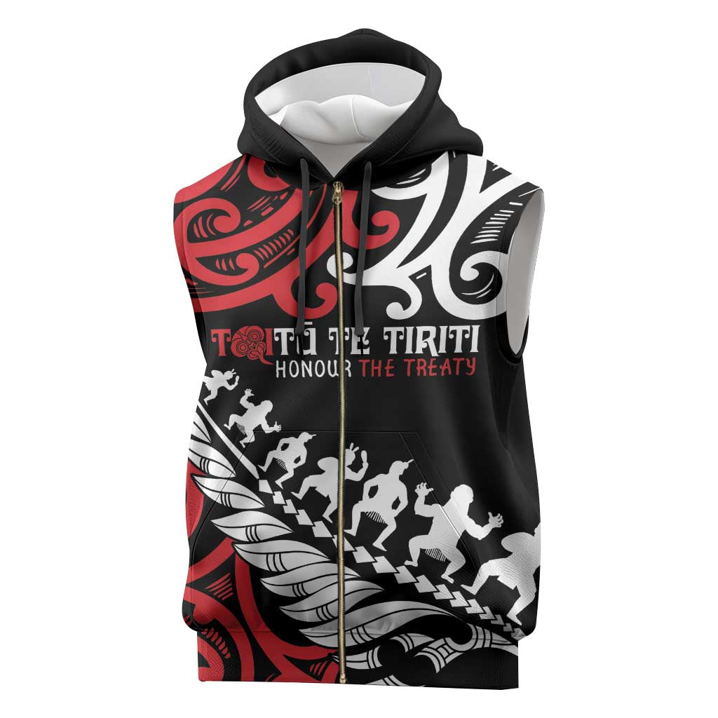 Honour The Treaty New Zealand Personalised Sleeveless Zip Hoodie Toitu Te Tiriti Half Fern Haka Dance - Aussie Hoodie