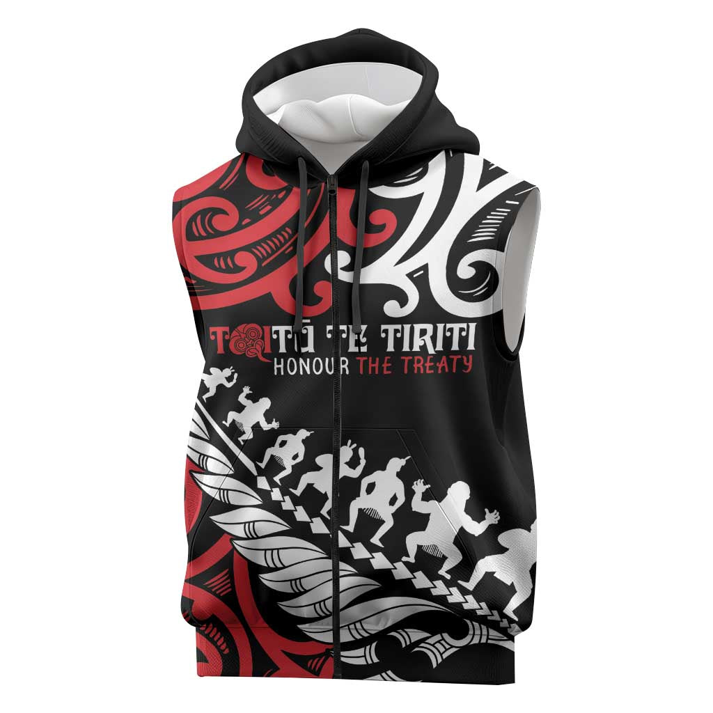 Honour The Treaty New Zealand Personalised Sleeveless Zip Hoodie Toitu Te Tiriti Half Fern Haka Dance LT9