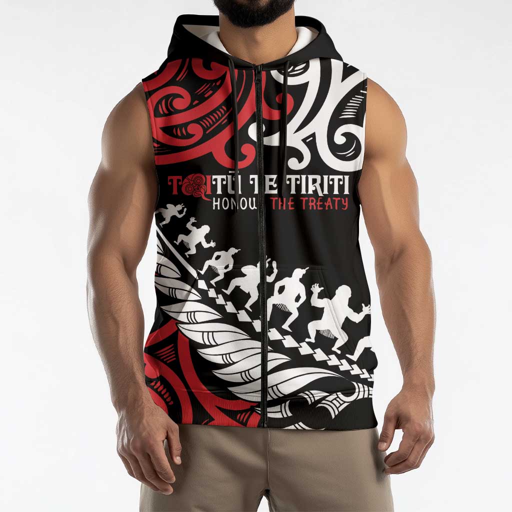 Honour The Treaty New Zealand Personalised Sleeveless Zip Hoodie Toitu Te Tiriti Half Fern Haka Dance LT9