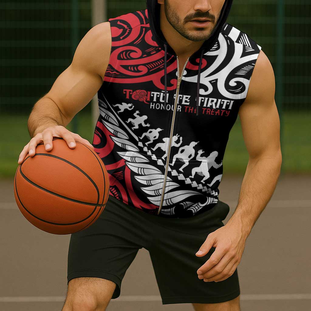 Honour The Treaty New Zealand Personalised Sleeveless Zip Hoodie Toitu Te Tiriti Half Fern Haka Dance - Aussie Hoodie
