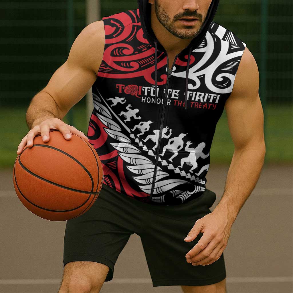 Honour The Treaty New Zealand Personalised Sleeveless Zip Hoodie Toitu Te Tiriti Half Fern Haka Dance LT9