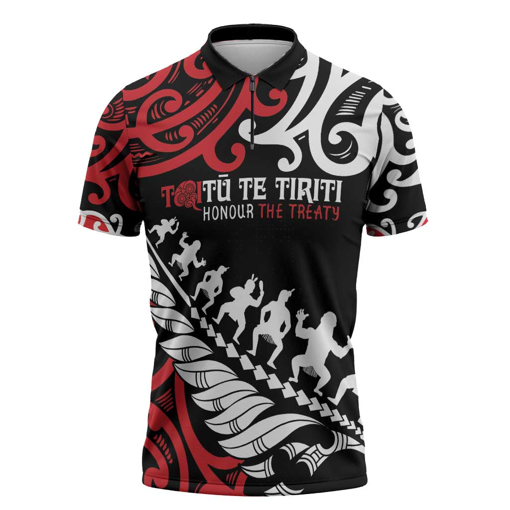 Honour The Treaty New Zealand Personalised Zipper Polo Shirt Toitu Te Tiriti Half Fern Haka Dance - Aussie Hoodie