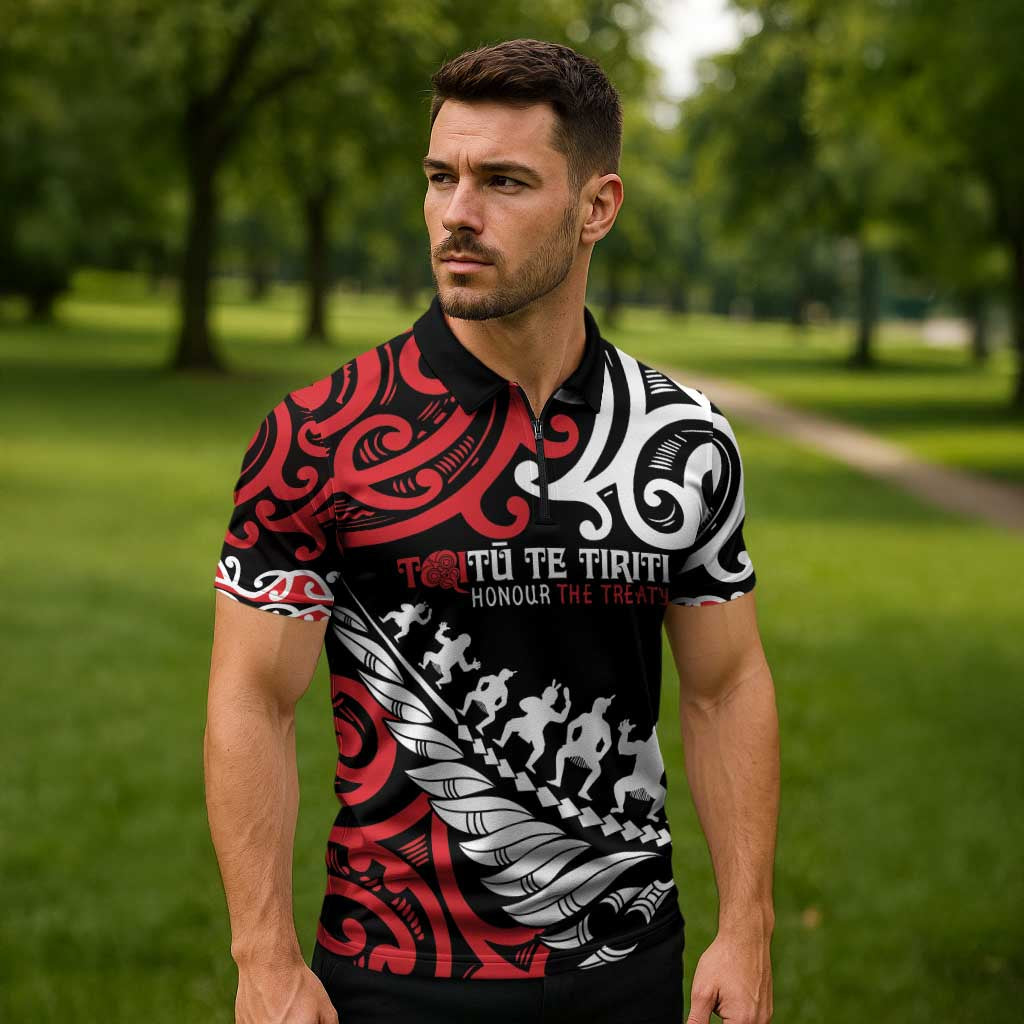 Honour The Treaty New Zealand Personalised Zipper Polo Shirt Toitu Te Tiriti Half Fern Haka Dance - Aussie Hoodie