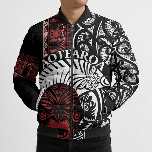Honour The Treaty New Zealand Personalised Bomber Puffer Jacket Toitu Te Tiriti Indigenous Maori Face - Aussie Hoodie