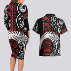 Honour The Treaty New Zealand Personalised Couples Matching Long Sleeve Bodycon Dress and Hawaiian Shirt Toitu Te Tiriti Indigenous Maori Face