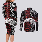 Honour The Treaty New Zealand Personalised Couples Matching Long Sleeve Bodycon Dress and Long Sleeve Button Shirt Toitu Te Tiriti Indigenous Maori Face