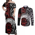 Honour The Treaty New Zealand Personalised Couples Matching Off Shoulder Maxi Dress and Long Sleeve Button Shirt Toitu Te Tiriti Indigenous Maori Face