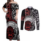 Honour The Treaty New Zealand Personalised Couples Matching Off Shoulder Maxi Dress and Long Sleeve Button Shirt Toitu Te Tiriti Indigenous Maori Face