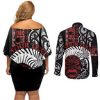Honour The Treaty New Zealand Personalised Couples Matching Off Shoulder Short Dress and Long Sleeve Button Shirt Toitu Te Tiriti Indigenous Maori Face