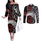 Honour The Treaty New Zealand Personalised Couples Matching Off The Shoulder Long Sleeve Dress and Long Sleeve Button Shirt Toitu Te Tiriti Indigenous Maori Face