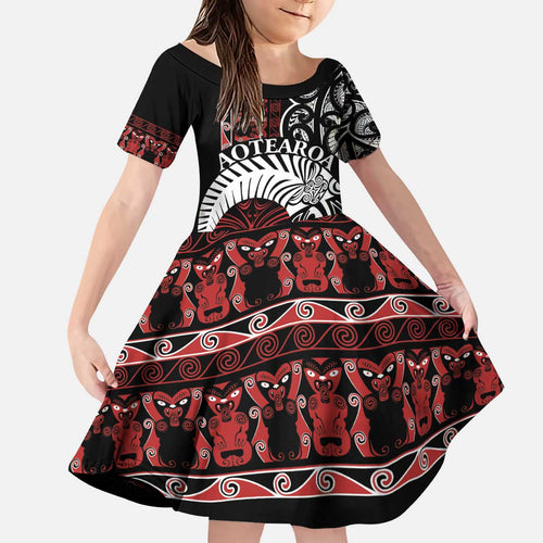Honour The Treaty New Zealand Personalised Kid Short Sleeve Dress Toitu Te Tiriti Indigenous Maori Face