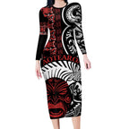 Honour The Treaty New Zealand Personalised Long Sleeve Bodycon Dress Toitu Te Tiriti Indigenous Maori Face